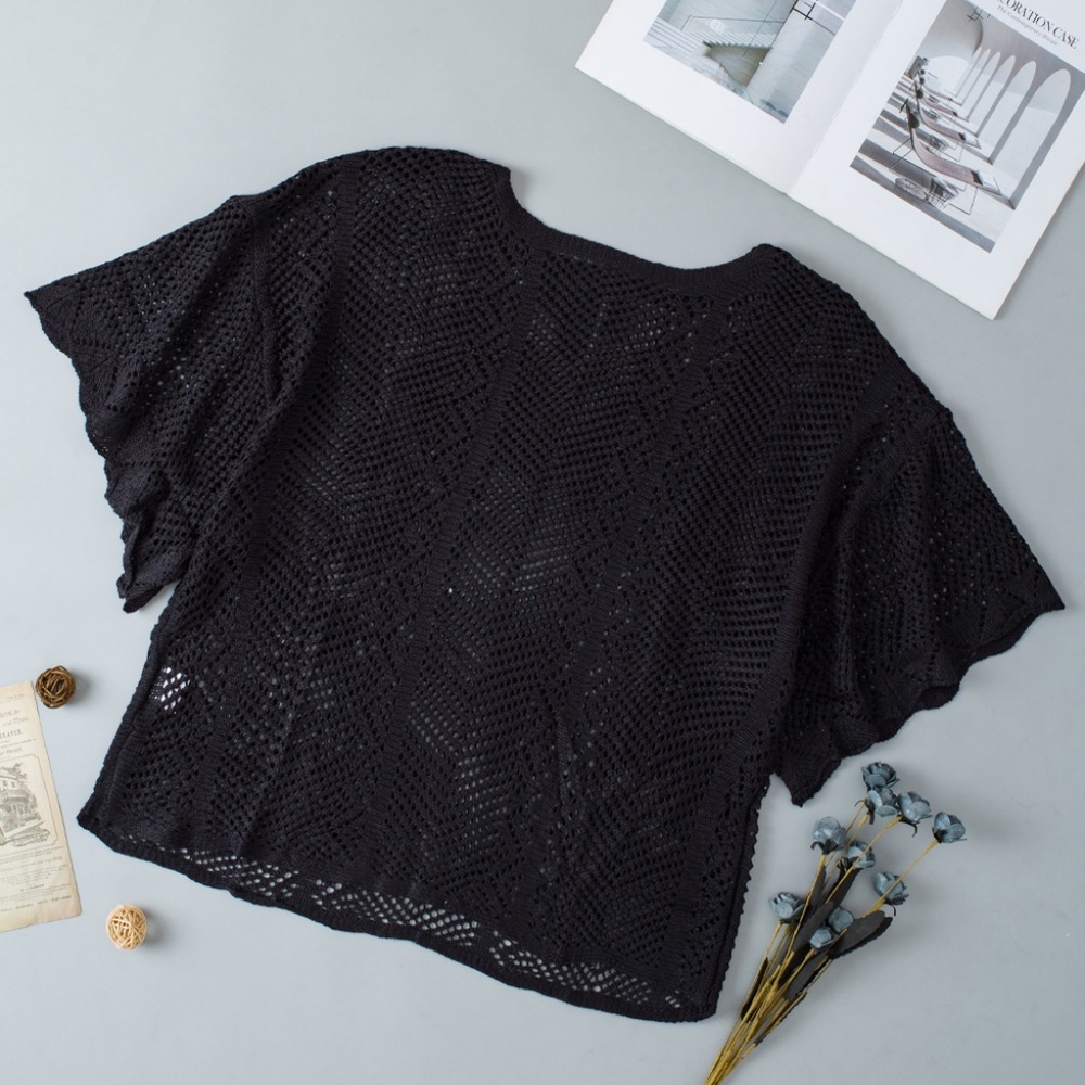 B131 Black Pointelle Knit Scallop Edge Short Sleeve Top - Picture 4 of 4